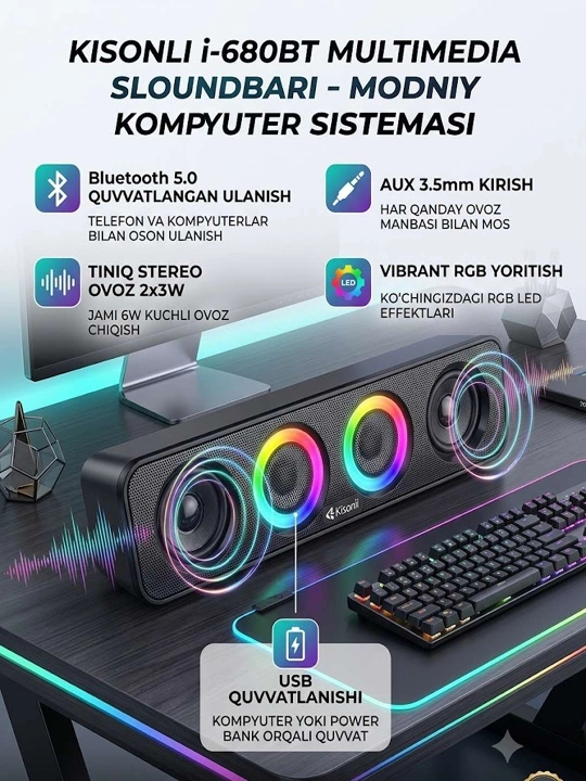 Kompyuter kolonkalari Kisonli i-680BT, Bluetooth, AUX, 2x3W, akustik kolonka, soundbar - 