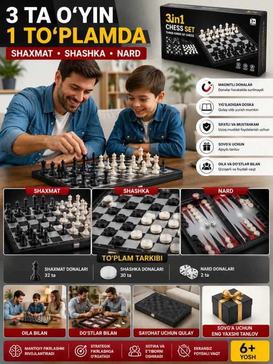 3 tasi 1 da magnitli shaxmat , shashka va narda , yinlarini o‘z ichiga oladi