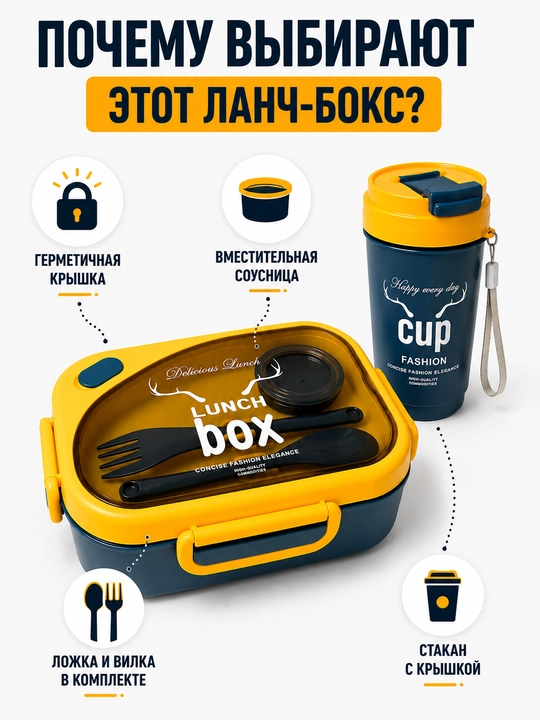 Lanch boks va suv idishi to'plami, ovqat idishi konteyneri, qoshiq va sanchqi bilan