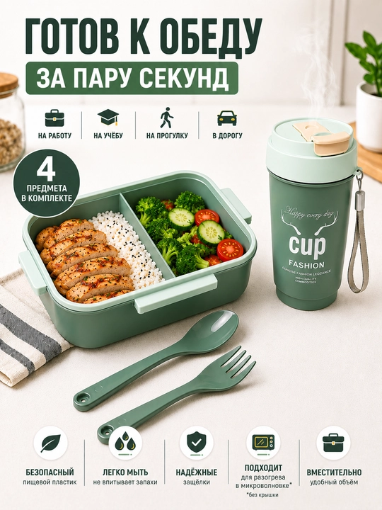 Lanch boks va suv idishi to'plami, ovqat idishi konteyneri, qoshiq va vilka bilan
