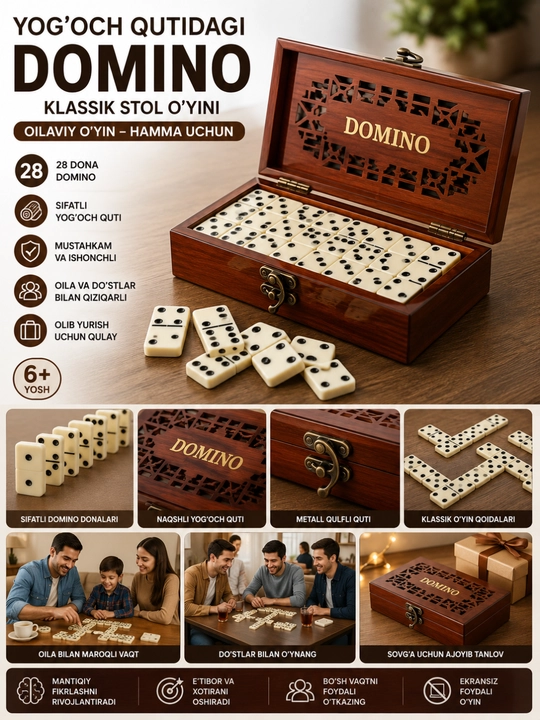 Yog‘och qutidagi damino stol o‘yini, domino to‘plami, klassik oilaviy domino to‘plami