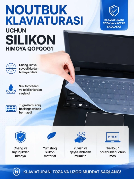 Noutbuk klaviaturasi uchun universal suv va chang o'tkazmaydigan g'ilof 15.6 dyuymli - 
