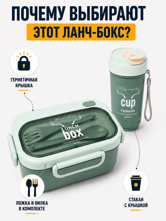 Lanch boks va suv idishi to'plami, ovqat idishi konteyneri, qoshiq va vilka bilan