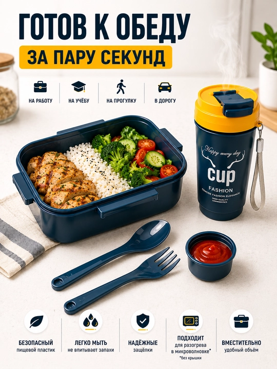 Ланч бокс со стаканом бутылкой, контейнер для еды с приборами, ложкой и вилкой соусницей