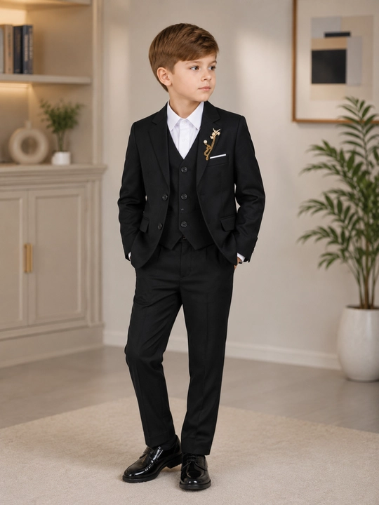 O‘g‘il bolalar uchun premium qora klassik maktab kostyumi, 3 qismli, 6–9 yosh