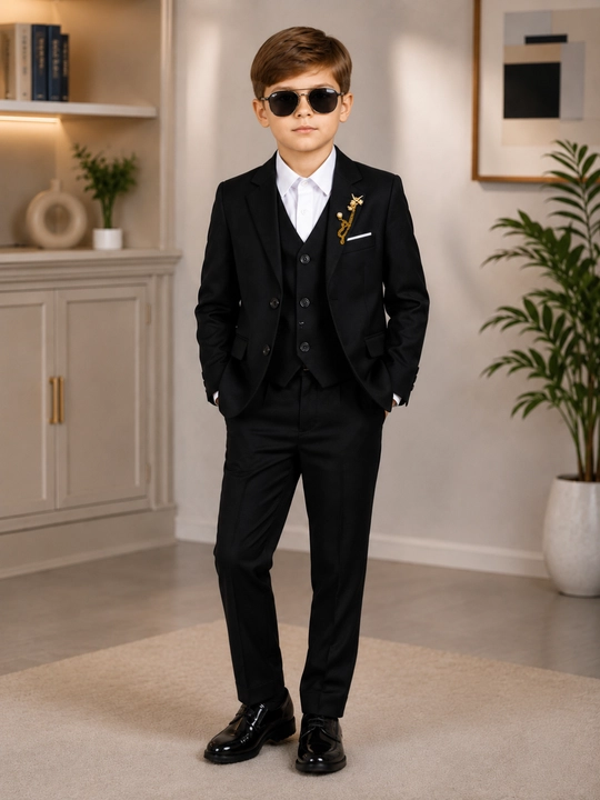 O‘g‘il bolalar uchun premium qora klassik maktab kostyumi, 3 qismli, 6–9 yosh