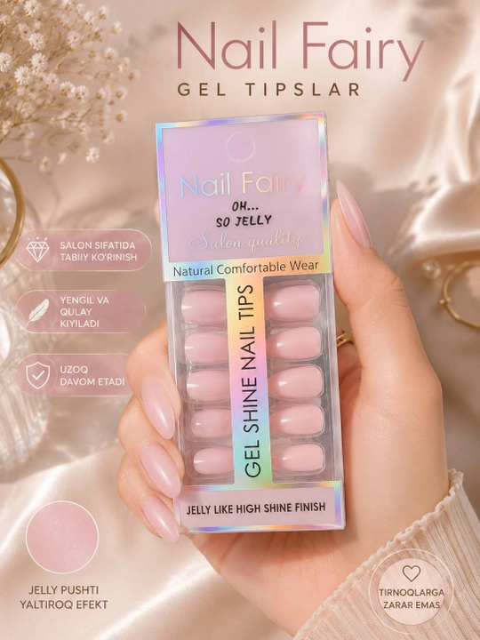Nail Fairy Jelly Gel taxlama tirnoqlar, 24 dona. + 24 ta yopishqoq stiker, tayyor manikyur - 