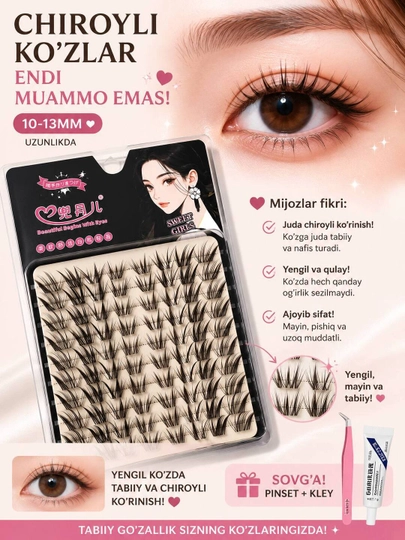 Sun’iy tutamli kiprik 10–13 mm, tabiiy ko’rinish, pinset va kley bilan