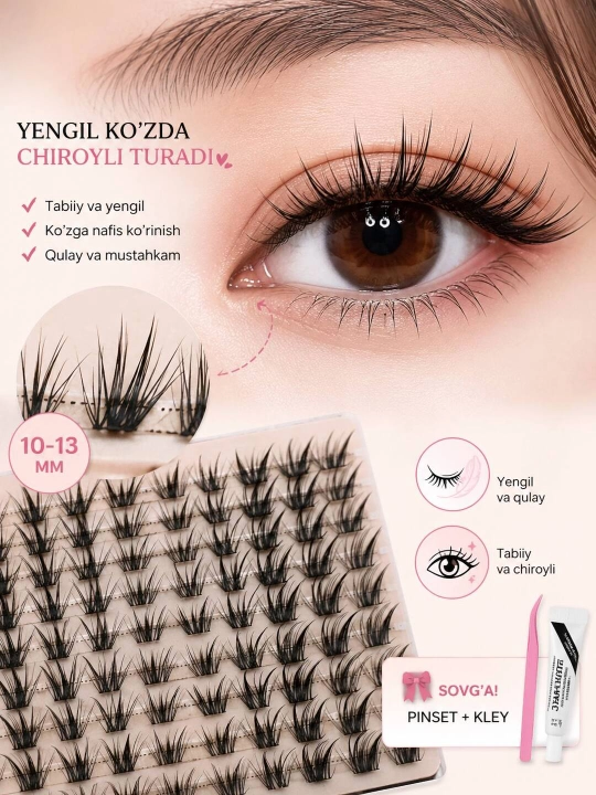 Sun’iy tutamli kiprik 10–13 mm, tabiiy ko’rinish, pinset va kley bilan