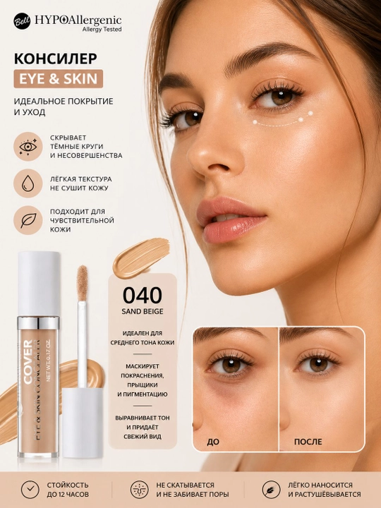 Консилер для глаз и лица Bell HYPOAllergenic Cover Eye & Skin Concealer 040, 5 мл
