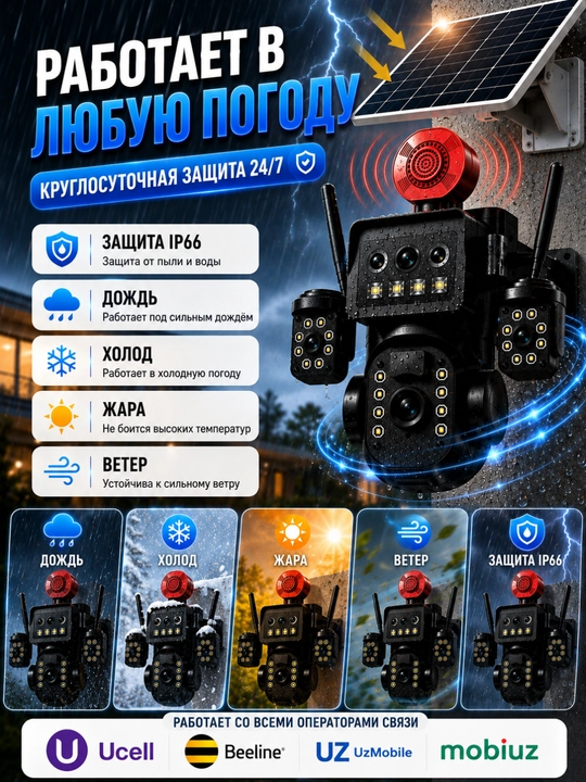 SIM kartali quyosh panelli videokuzatuv kamerasi O-Kam Pro,Icee,v-380. 3 kamera, 12000 mAh