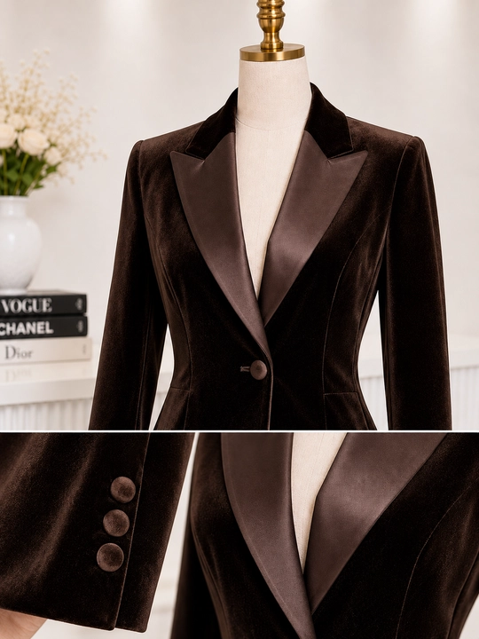 Espigo ayollar Premium kostyumi: baxmal pidjak va atlas yubka