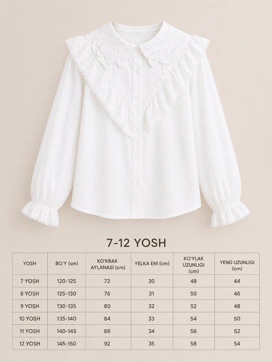 Qizlar oq bluzkasi, oq rubashka, maktab formasi, yengil polyester ko'ylak