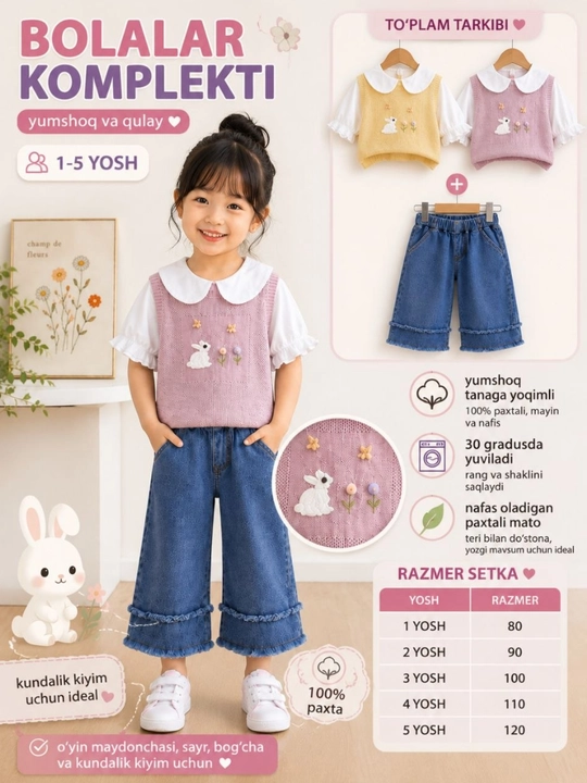 Qizlar uchun paxtali komplekt, jilet, kofta va jinsi shim, 1–5 yosh, yumshoq, qulay - 