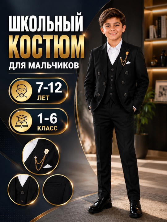7-12 yoshli o‘g‘il bolalar uchun qora klassik maktab kostyumi - 