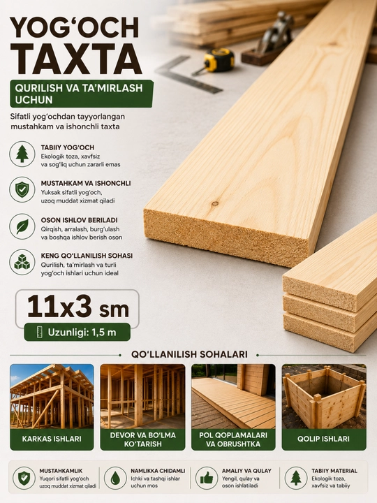 Yog'och taxta 30×110×1500 mm, qurilish taxtasi, tabiiy yog'och, tom va pol uchun, 1,5 metr - 