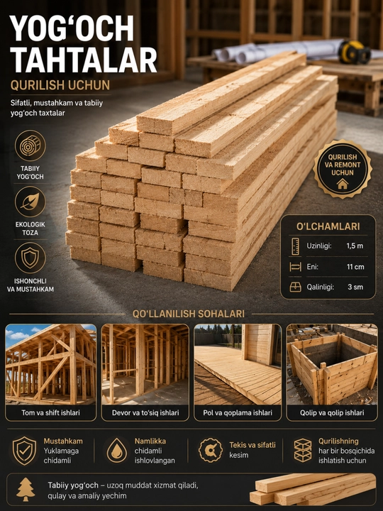 Yog'och taxta 30×110×1500 mm, qurilish taxtasi, tabiiy yog'och, tom va pol uchun, 1,5 metr