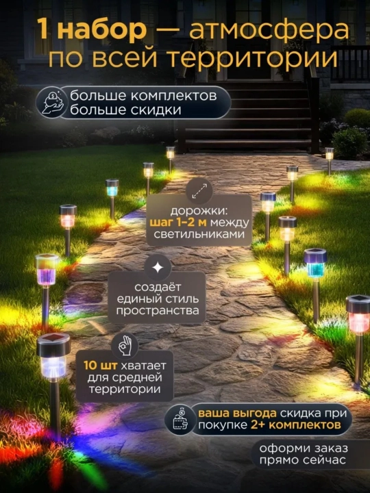 Quyosh batareyali bog‘ va maysazor chiroqlari, 10 dona, metall, oq, iliq yoki rangli RGB