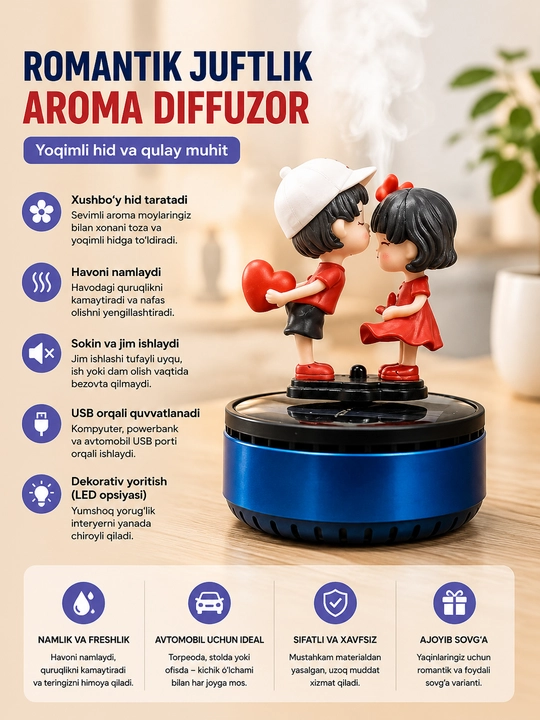 Romantik juftlikli aroma diffuzor – yoqimli hid, nafis bezak va qulay muhit yaratadi - 