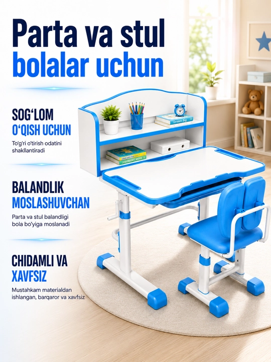 Parta va stul bolalar uchun, kitob javonli o‘suvchi o‘quv to‘plami - 
