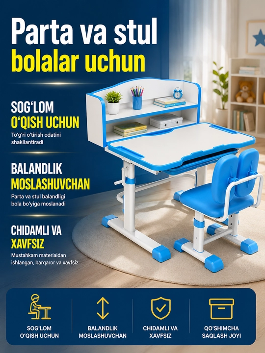 Parta va stul bolalar uchun, kitob javonli o‘suvchi o‘quv to‘plami