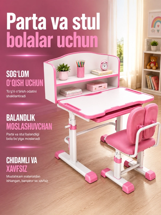 Parta va stul bolalar uchun, kitob javonli o‘suvchi o‘quv to‘plami - 