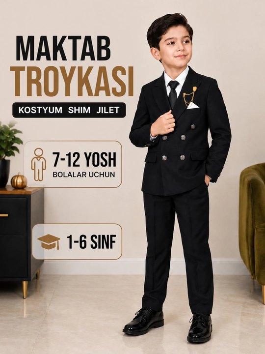 7-12 yoshli o‘g‘il bolalar uchun klassik maktab kostyumi, nimcha, shim, pidjak, maktab formasi - 