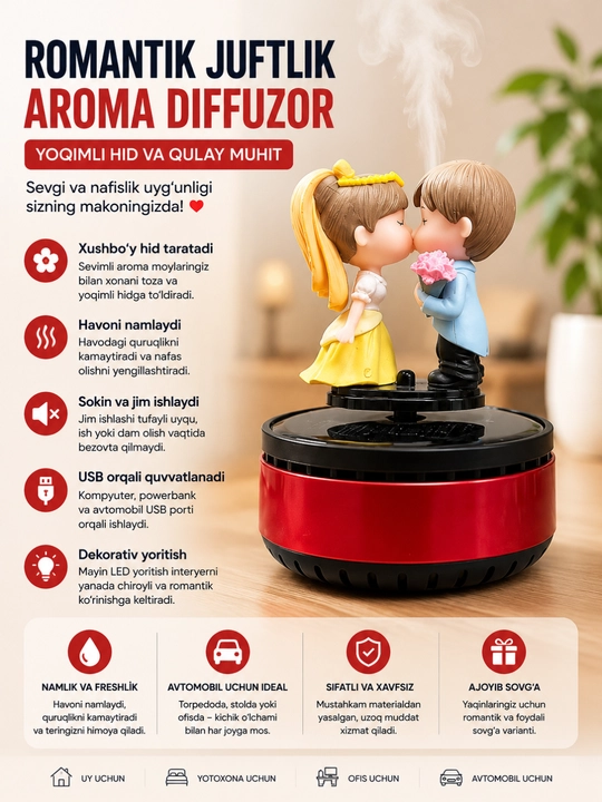 Romantik juftlikli aroma diffuzor – yoqimli hid, nafis bezak va qulay muhit yaratadi - 