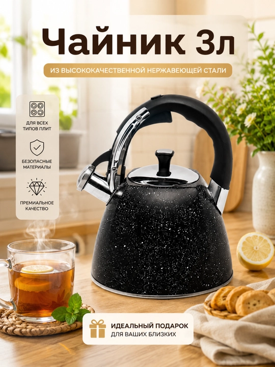 3 litr zanglamaydigan po'latdan yasalgan choynak, hushtak bilan - 