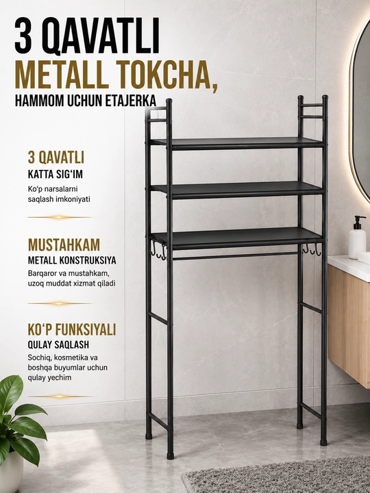 Javon kir yuvish mashinasi ustiga, 3 qavatli metall tokcha, hammom uchun etajerka - 