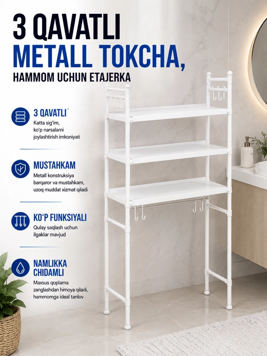 Javon kir yuvish mashinasi ustiga, 3 qavatli metall tokcha, hammom uchun etajerka - 