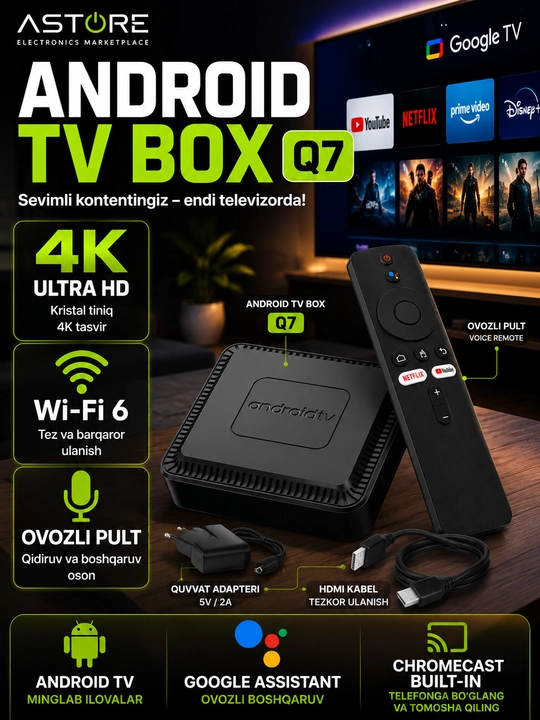 Pultli Android TV Box Q7 2GB/16GB 4K Ultra HD Wi-Fi 6 Smart TV Pristavkasi - 