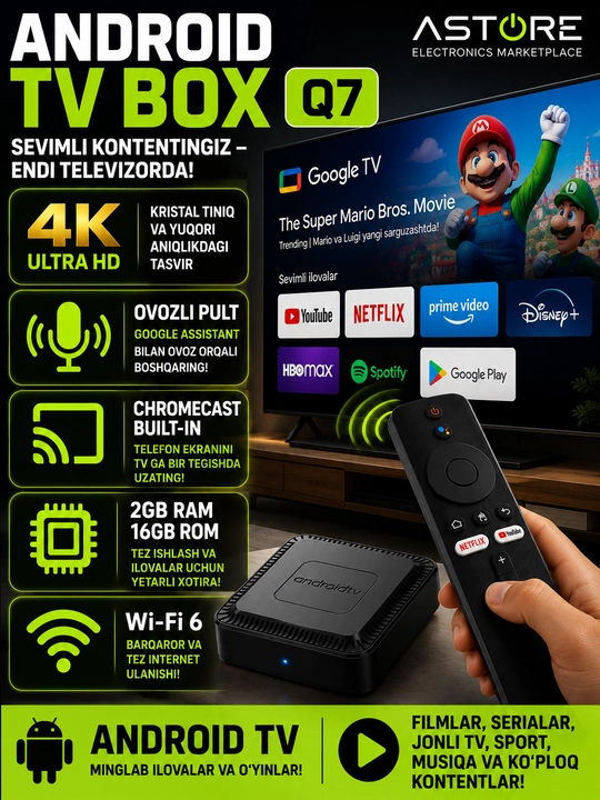 Pultli Android TV Box Q7 2GB/16GB 4K Ultra HD Wi-Fi 6 Smart TV Pristavkasi