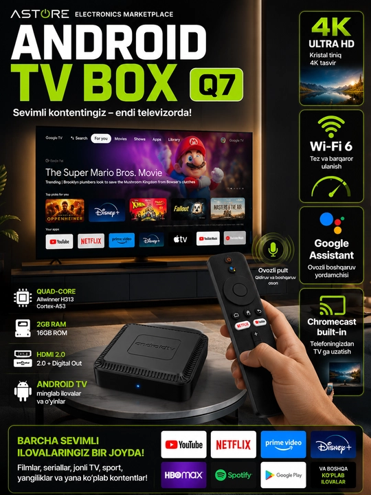 Pultli Android TV Box Q7 2GB/16GB 4K Ultra HD Wi-Fi 6 Smart TV Pristavkasi