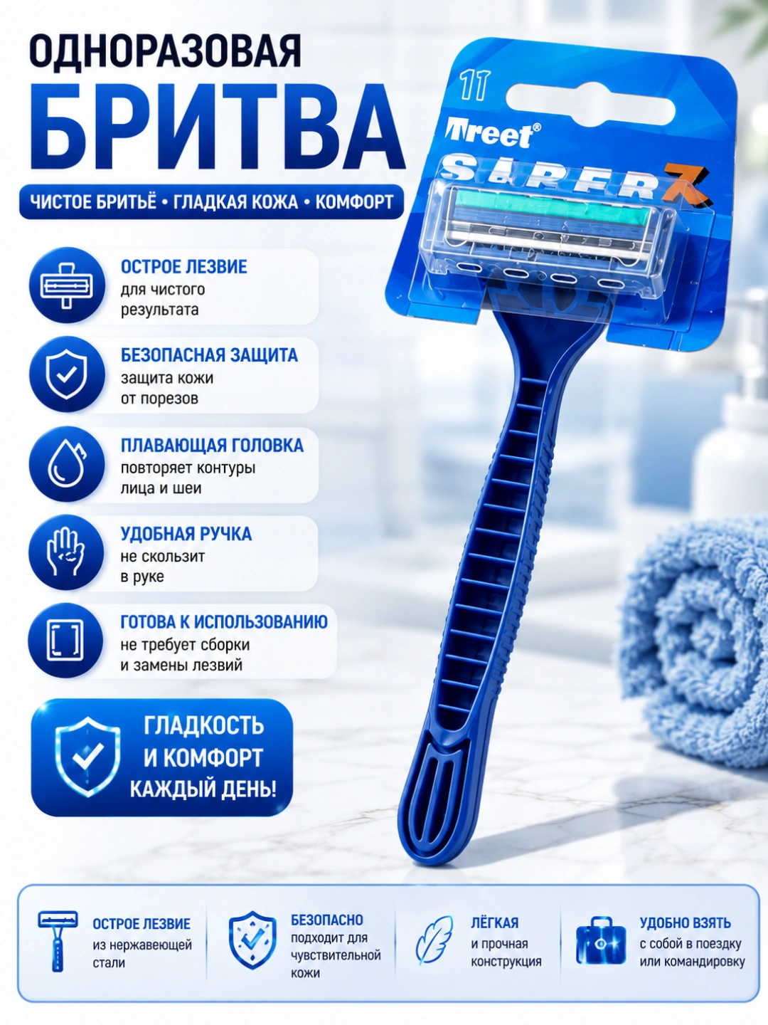 Одноразовый станок для бритья Treet 1, мужская бритва с одним лезвием - 