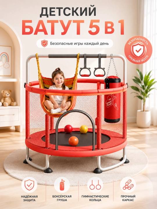 Himoya to‘ri bilan jihozlangan bolalar batuti, maneji 140 sm, yuk ko‘tarish qobiliyati 120 kg gacha - 