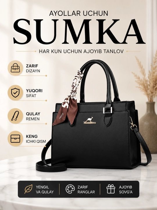 Ayollar sumkasi yelkama, tout, sig'imli, ro‘molchali, ish va o‘qish uchun, ekocharm - 