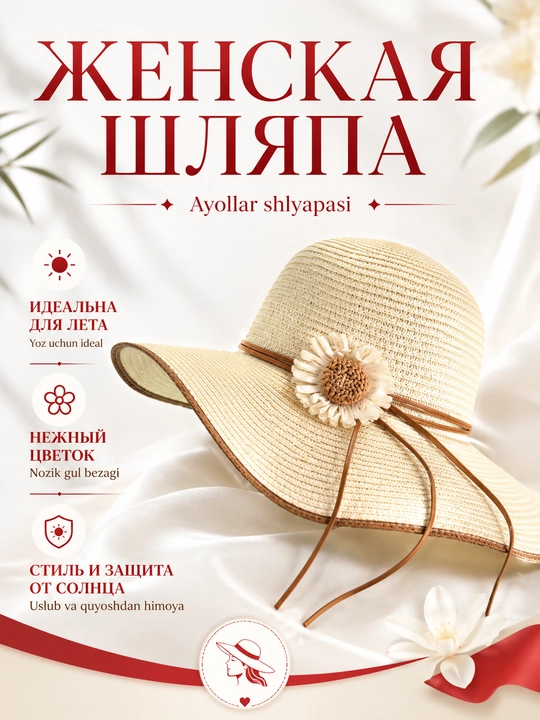 Ayollar yozgi shlyapasi, keng hoshiyali va lentali, quyoshdan saqlovchi - 