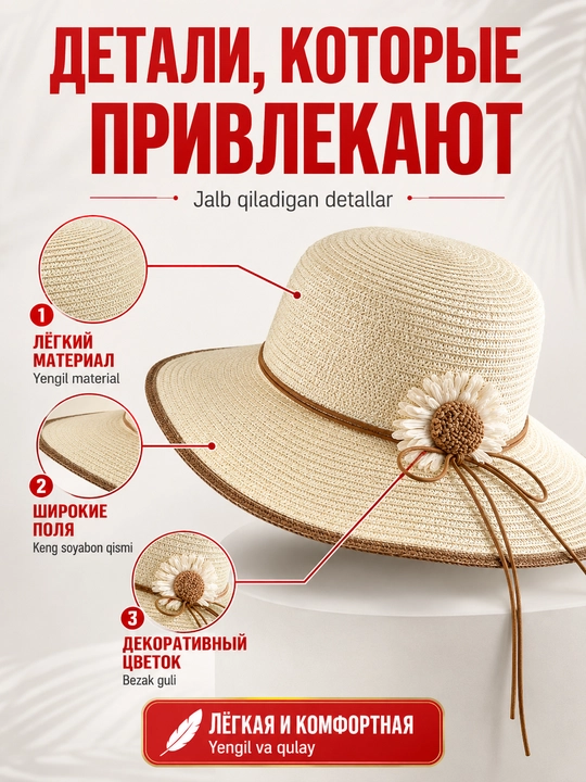 Ayollar yozgi shlyapasi, keng hoshiyali va lentali, quyoshdan saqlovchi