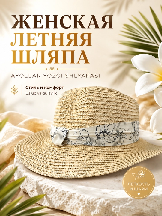 Ayollar yozgi shlyapasi, keng hoshiyali va lentali, quyoshdan saqlovchi - 