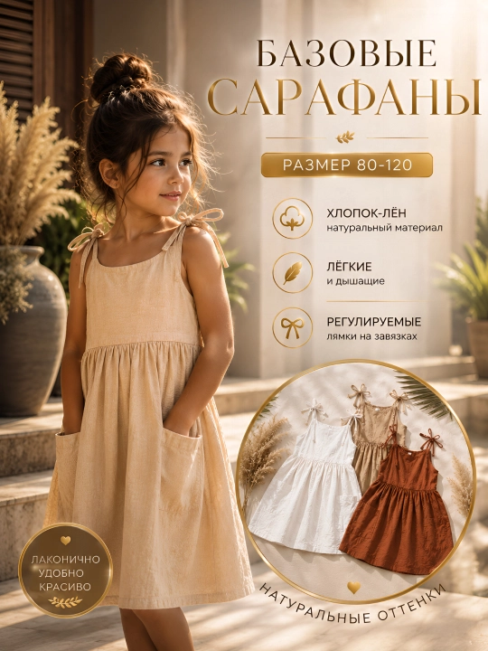 Детский летний сарафан для девочек, лёгкое платье с регулируемыми бретелями и карманами