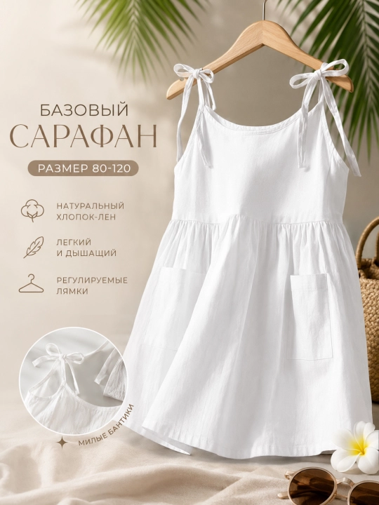 Детский летний сарафан для девочек, лёгкое платье с регулируемыми бретелями и карманами
