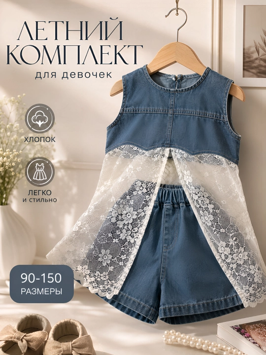 Qiz bolalar uchun yozgi jinsi kiyim komplekti krujeva bilan, bolalar kiyimi 90-150 - 