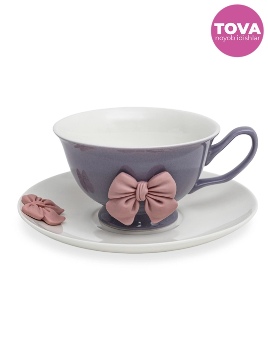 Finjon va likopcha to‘plami bantli dekor bilan, 300 ml