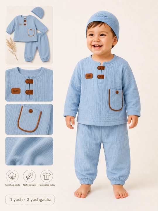 1-2 yoshli o‘g‘il bola uchun oq, paxtali bolalar muslin to‘plami, 3 ta buyum - 