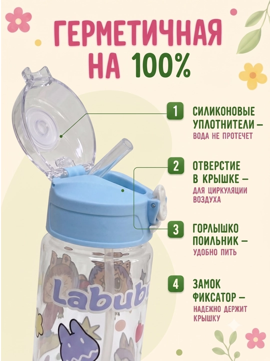 Школьная бутылочка для воды с принтом Лабубу, детская бутылка для воды