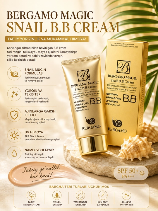 CROME SNAIL BB krem SPF50, Ko'p funksiyali oqartiruvchi tonal krem - 