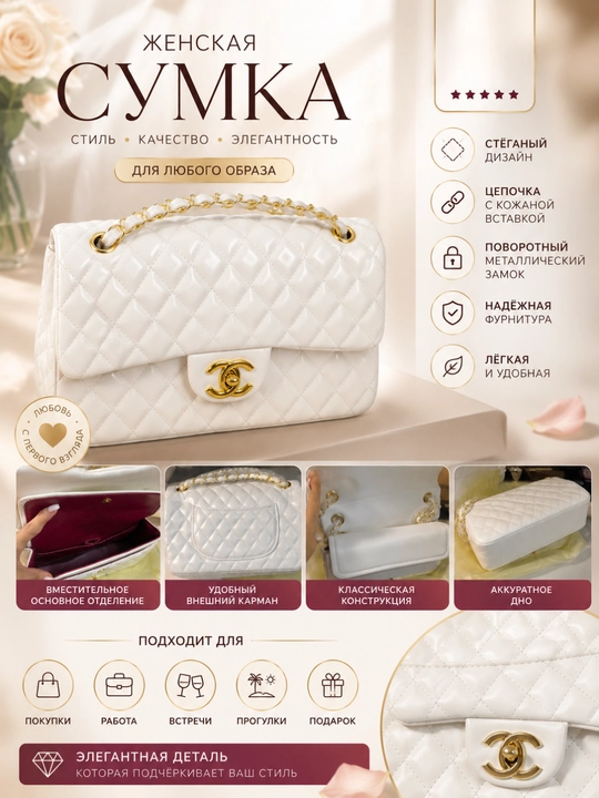 Ayollar uchun Chanel uslubidagi uzun tasmali sumka - 