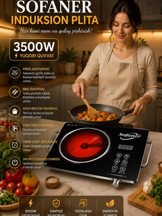 Sofaner 3500W Induksion Plita – Sensorli Elektr Plita, Tez Qiziydigan Oshxona Qurilmasi