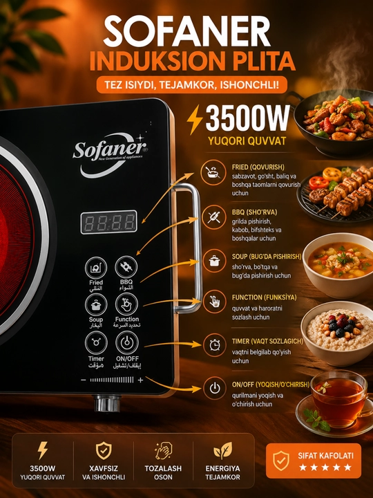 Sofaner 3500W Induksion Plita – Sensorli Elektr Plita, Tez Qiziydigan Oshxona Qurilmasi